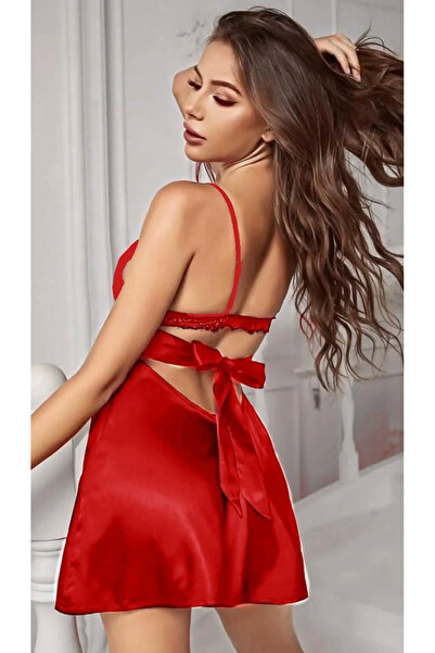 MODELLİFE Kadın Kırmızı Şık Seksi Bağlamalı Askılı Saten Gecelik Sırt Yırtmaçlı Detaylı Dantelli