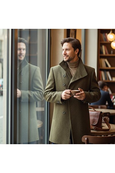 Frappoli Liberto Men's Khaki Shawl Collar Slim Fit Cashmere Coat