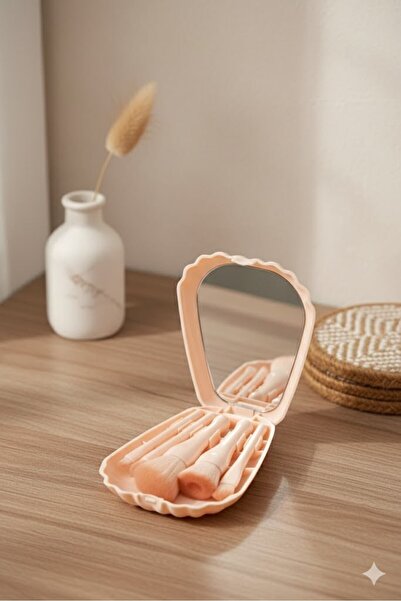 DİVAYS مجموعة فرش مكياج محمولة على شكل محار للسفر مكونة من 5 قطع مع مرآة