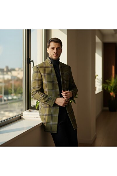 Frappoli Modern Plaid Patterned Men's Regular Fit Stand Collar Thick Cashmere Coat