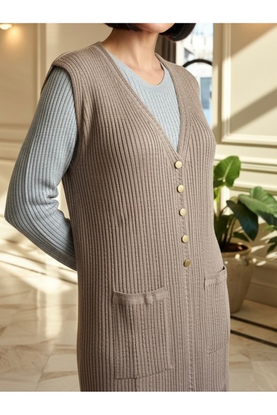 TİRİTEK Μοντέρνο πλεκτό μαλλί Mercerized ΜΟΝΟ ΠΛΕΚΤΟ Μακρύ Γιλέκο Μητέρας / Άμμος