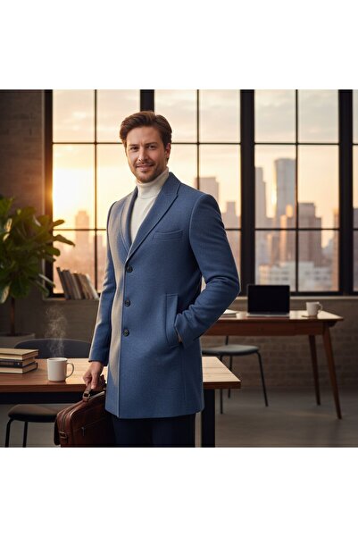 Frappoli Pagano Men's Indigo Pointed Collar S Slim Fit Cashmere Coat