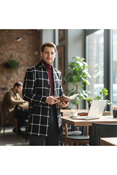 Frappoli Μοντέρνο καρό ανδρικό παλτό με κανονική εφαρμογή με όρθιο γιακά