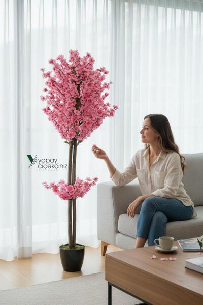 YAPAY ÇİÇEKÇİNİZ Siyah Saksıda Yoğun Yapraklı 180 Cm Yapay Bahardalı Ağacı Pembe