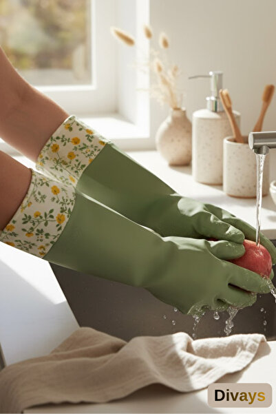 DİVAYS Pratik Sıcak Bulaşık Yıkama Eldiveni Dayanıklı Uzun Su Geçirmez Kauçuk Bulaşık Temizlik Eldiveni