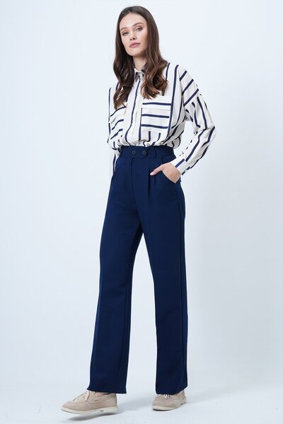 VAGGON Women's Navy Blue Elastic Waist Button Closure Double Pocket Trousers Vs01456