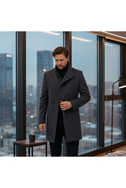 Frappoli Liberto Чоловічий Синьо-сірий Шальовий комір Slim Fit Кашеміровий пальто