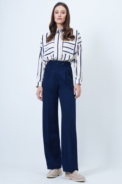 VAGGON Women's Navy Blue Elastic Waist Button Closure Double Pocket Trousers Vs01456