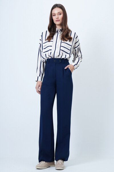 VAGGON Women's Navy Blue Elastic Waist Button Closure Double Pocket Trousers Vs01456