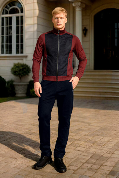 BESSA Men's Suede Detailed Burgundy Tracksuit Set Transitional Fabric Standard Fit
