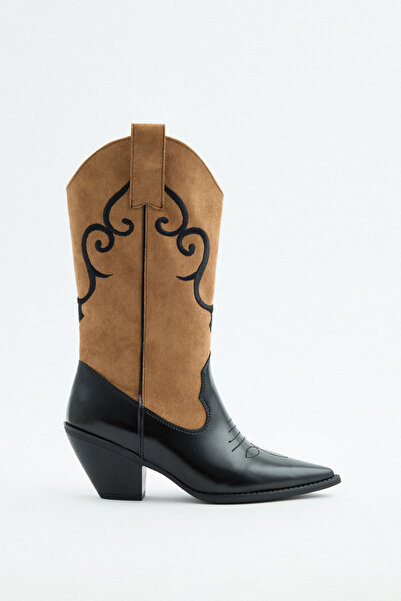 LUTVELIZADE Çizme 2524 - İşlemeli Süet Kovboy Siyah Taba Süet Kadın Çizme