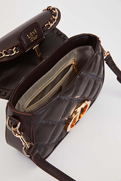 Levidor Quilted Embroidery and Chain Knit Detail Long Strap Medium Size Women's Hand and Shoulder Bag Lv930582 Dark Brown