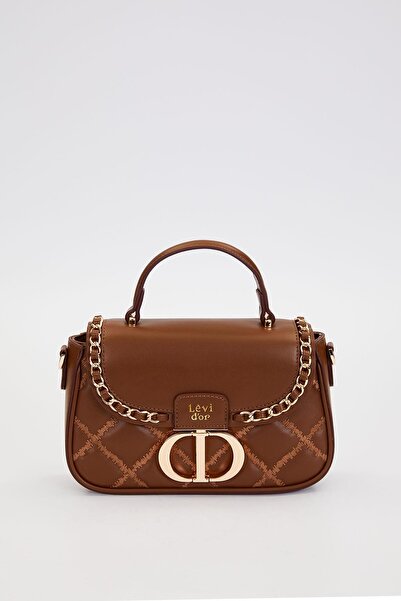 Levidor Quilted Embroidery and Chain Knit Detail Long Strap Medium Size Women's Hand and Shoulder Bag Lv930582 Brown