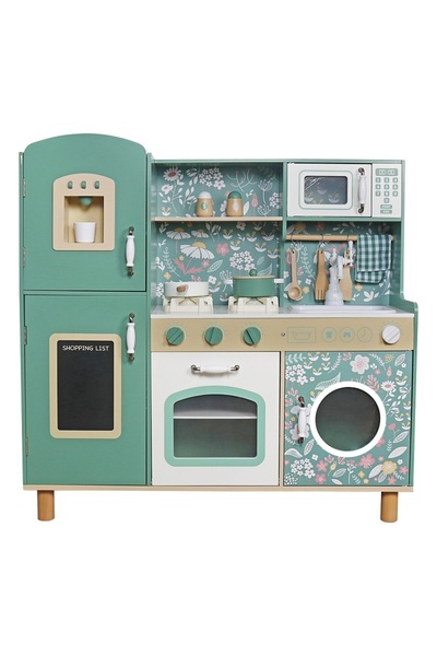 Smart Vibe Kitchen Set with Accessories for Children, Natural Wood, Vintage Floral, KinderVibe™, Burners
