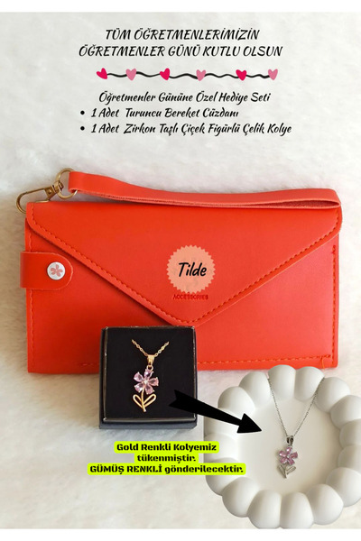 Tilde Öğretmenler Günü Hediye Seti Turuncu Bereket Cüzdanı & Pembe Taşlı Çeli...