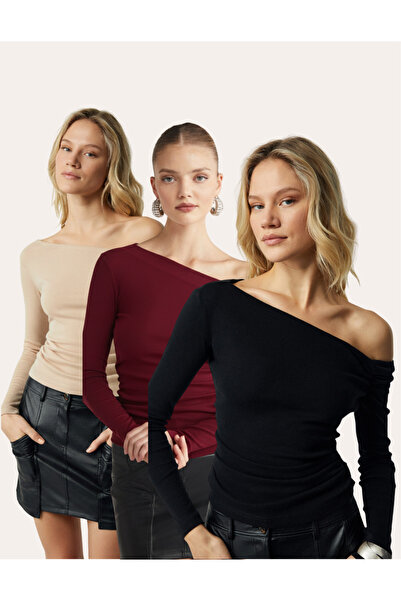 Patreon 3-Piece Asymmetric Collar Stretch Fabric Buzzy Stretchy Fabric Blouse