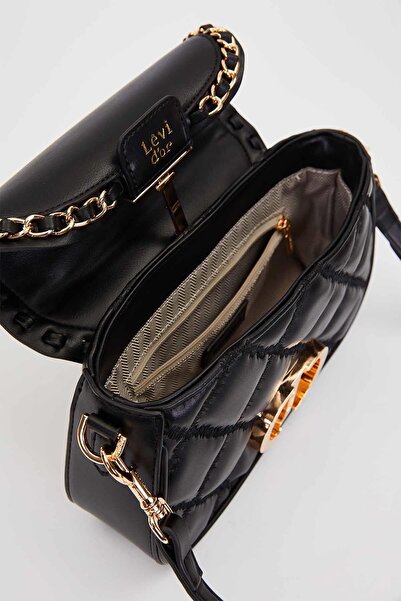 Levidor Quilted Embroidery and Chain Knit Detail Long Strap Medium Size Women's Hand and Shoulder Bag Lv930582 Black