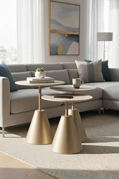 Vina Dekor 3’lü Zigon Sehpa , Yan Sehpa Bonj Metal Ayak - Traverten Görünümlü Üst