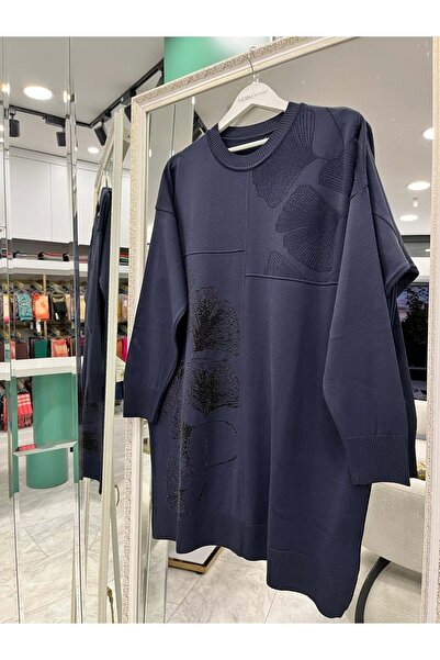 MRM MERAM BUTİK Dna Mercerized Tunic with Floral Pattern and Silvery Lining - Navy Blue - 2