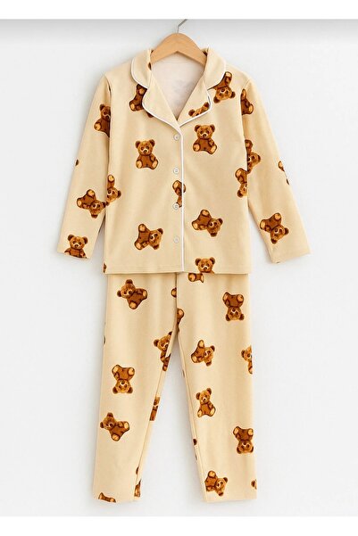 zahider Shirt Collar Cotton Girl's Teddy Bear Patterned Suede Button Pajama Set