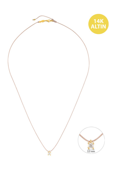 KURSHUNI Tek Taş (3mm), 14KAltın Kolye (İpli)