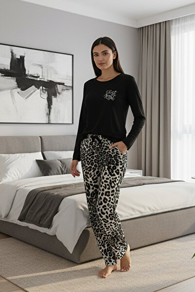 Bravie Elite Viscose Pajama Set with Leopard Print on the Bottom and Writing on the Top, Long Black 3551