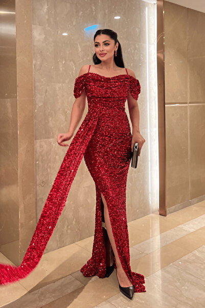 giyimmasalı Sequin Fabric Degaje Collar Evening Dress - Red