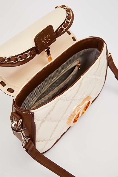 Levidor Quilted Embroidery and Chain Knit Detail Long Strap Medium Size Women's Hand and Shoulder Bag Lv930582 Cream