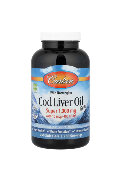 Carlson Cod Liver Oil Gems Super 1000 mg, 250 mg Omega-3s 400 IU (10 mcg) Vitamin D3 Norwegian 250 Soft Gels