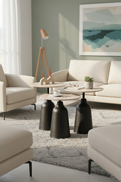 Vina Dekor 3’lü Zigon Sehpa , Yan Sehpa Siyah Metal Ayak - Traverten Görünüml...