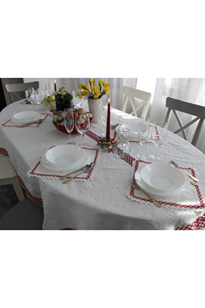 Nicoratex White rectangular tablecloth white with red and set of 6 white napkins with white with red lace.