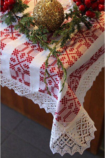 Nicoratex White rectangular tablecloth white with red with set of 6 white napkins with white with red lace
