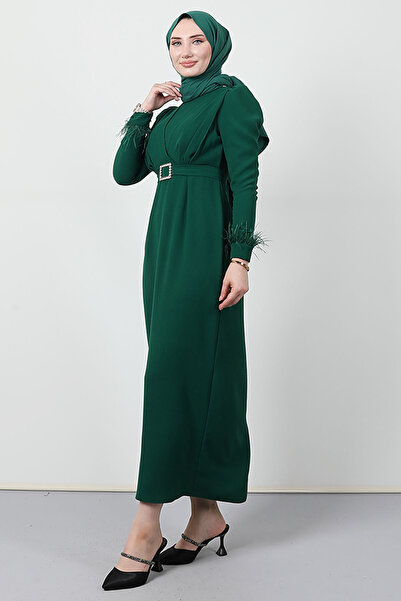 Giza Giyim Φόρεμα Hijab με λεπτομέρεια με πούπουλα σκούρο πράσινο
