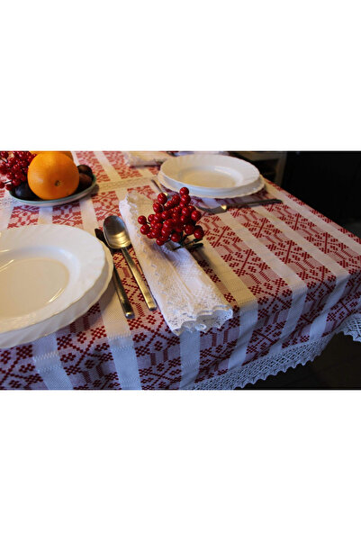 Nicoratex White rectangular tablecloth white with red with set of 6 white napkins with white with red lace