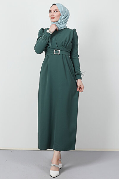 Giza Giyim Φόρεμα Hijab με λεπτομέρεια με πούπουλα Dark Mint