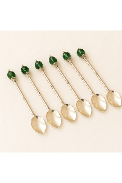 esdekor 6 Pieces Green Stone Silver Color Metal Tea Spoon Presentation Set Ho...