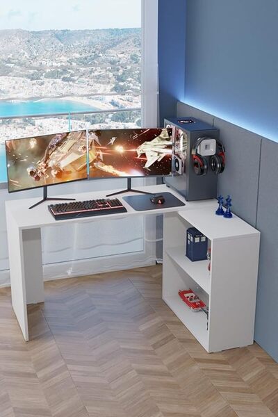 Genel Markalar Masa Beyaz - L Çalışma Masası Bilgisayar Masası Dolaplı Kitapl...