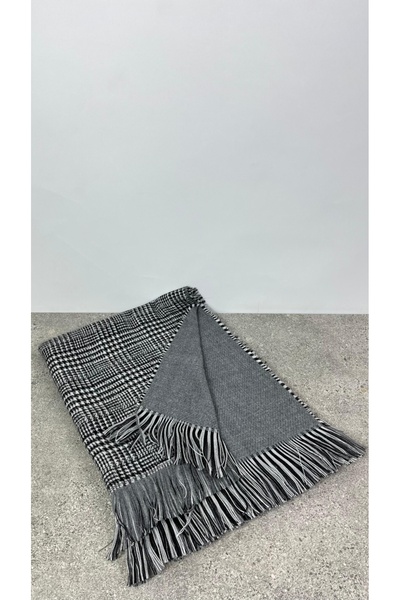 Sobe Hediyelik Gray Wool Shawl – Double-Sided Plaid Pattern Thick Winter Shawl