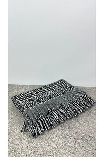 Sobe Hediyelik Gray Wool Shawl – Double-Sided Plaid Pattern Thick Winter Shawl