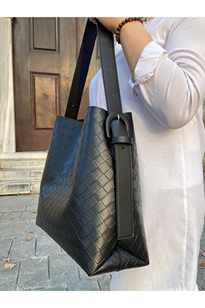 H&D COLLECTİON Serrated Faux Leather Buckle Detailed Tan Large Size Women's Shopper Shoulder Bag