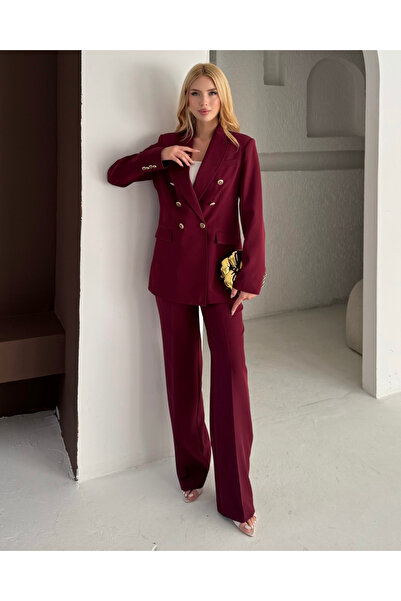 deqfashion Women's Burgundy Double-Breasted Button Blazer Jacket Pants Set