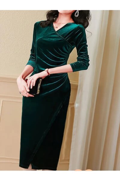 Bijuterria Women's Long Sleeve Double-Breasted Collared Side Gathered Front Cross Detailed Midi Velvet Dress