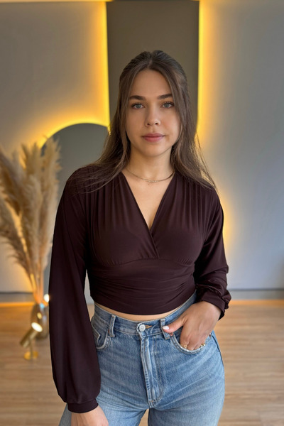 Aventien Sandy Fabric V-Neck Brown Blouse