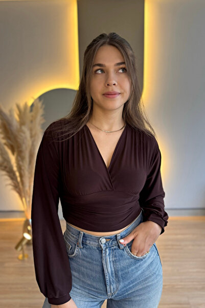 Aventien Sandy Fabric V-Neck Brown Blouse