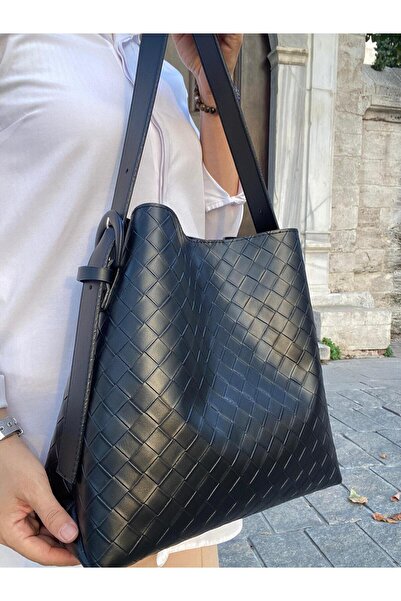 H&D COLLECTİON Serrated Faux Leather Buckle Detailed Tan Large Size Women's Shopper Shoulder Bag