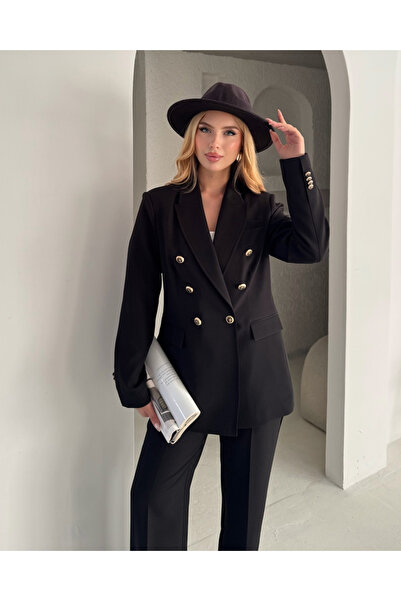 deqfashion Women's Black Double-Breasted Button Blazer Jacket Pants Set