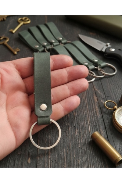 E&F Takı 10 Pcs Khaki Green Genuine Real Leather Key Chain Gift Keyring Accessory