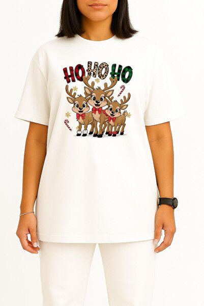 Bahriyeli Collection oversized Hohoho Πρωτοχρονιάτικο μπλουζάκι Unisex με σχέδιο στήθους με ελάφια