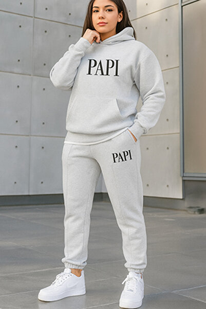 CLASSY.MODA Men's 3 Thread Sh Fleece-Lined Papi Lettering Tracksuit Set O Oversized Hoodie and Jogger Pants