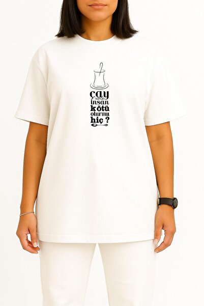 Bahriyeli Collection Oversized the Person Who Makes Tea Becomes Evil, Never. Chest Design Unisex T-Shirt.